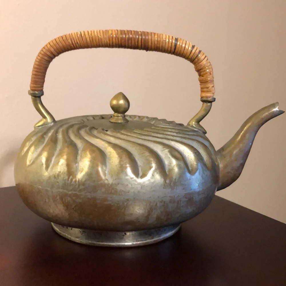 Antique CHINA Secessionist Teapot Woven Bamboo Handle Art Nouveau